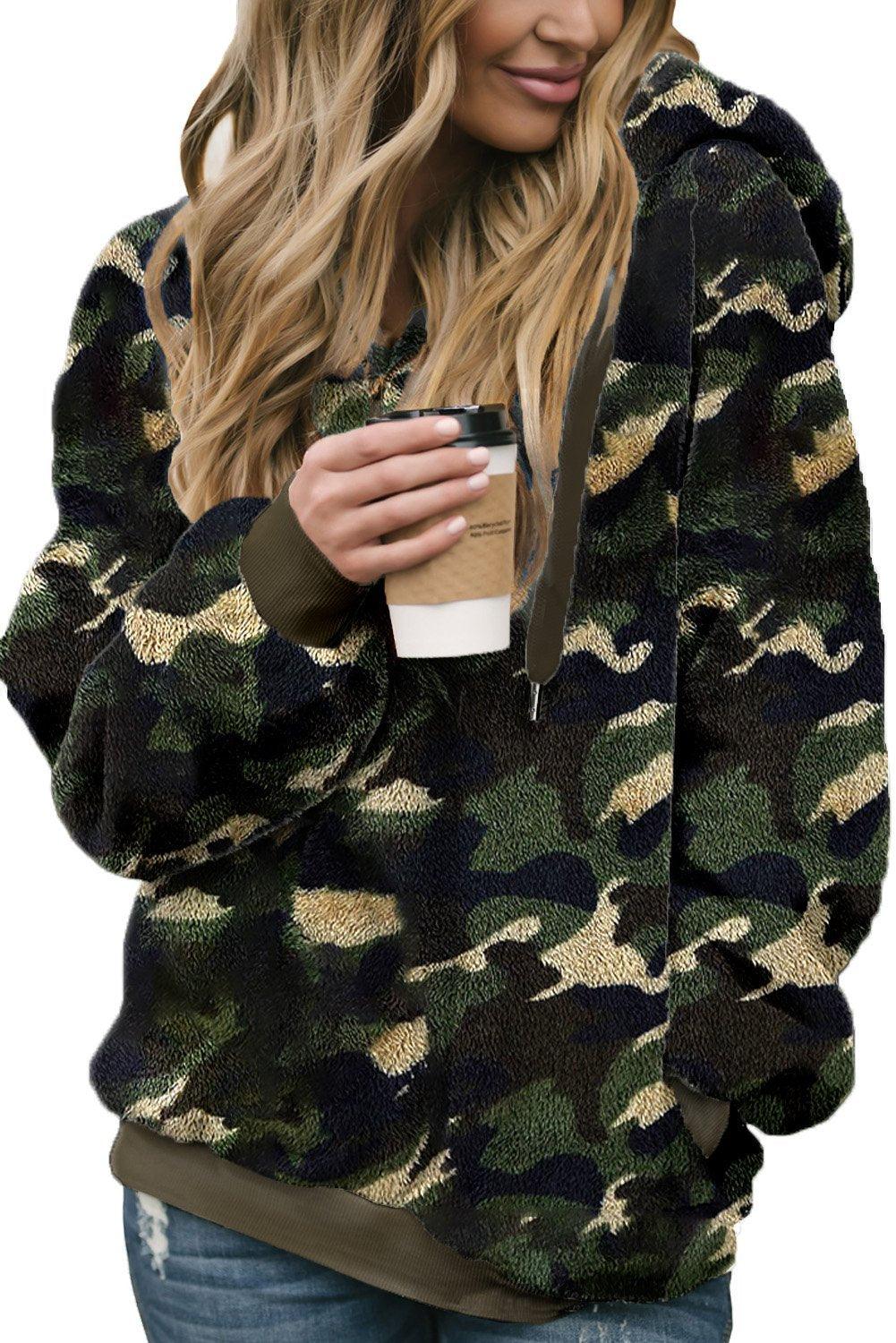 Women's Winter Green Camo Print Warm Furry Pullover Hoodie - VirtuousWares:Global