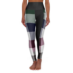 Women's Yoga Pants, Black Multicolor Plaid Print High Waist Fitness - VirtuousWares:Global