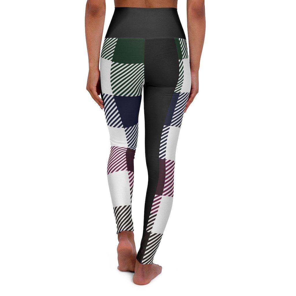 Women's Yoga Pants, Black Multicolor Plaid Print High Waist Fitness - VirtuousWares:Global