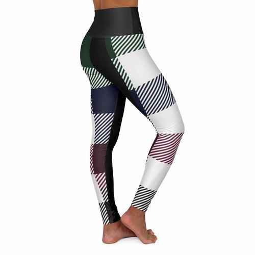 Women's Yoga Pants, Black Multicolor Plaid Print High Waist Fitness - VirtuousWares:Global