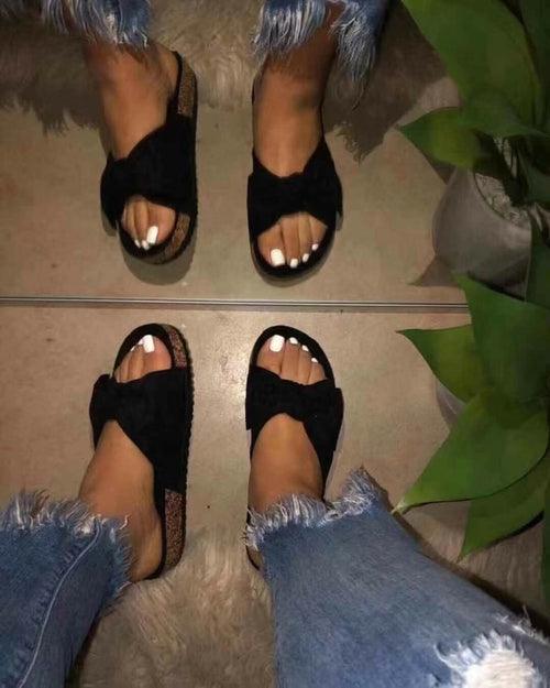 Women Slides 1 Straps Comfy Bow Slide Sandals Black - VirtuousWares:Global