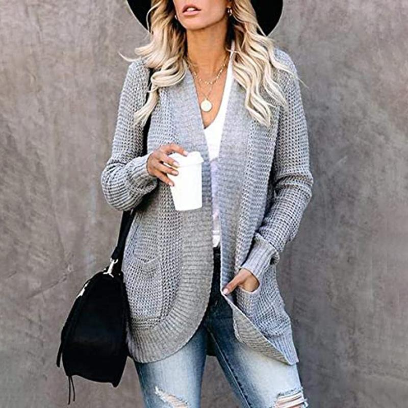 Women Solid Color Knitted Sweater Cardigan Coat - VirtuousWares:Global