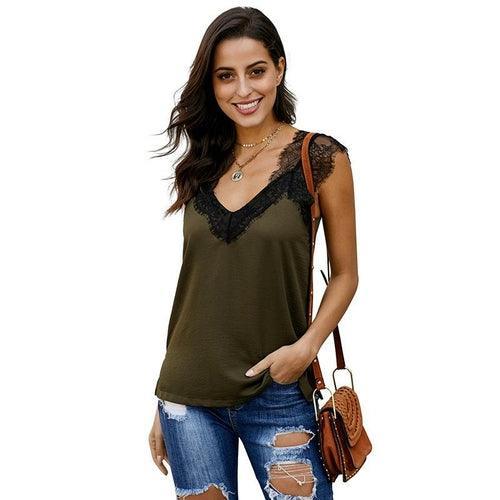Women Summer Sexy Basic Lace Camisole Summer Knit Tank Top V Neck - VirtuousWares:Global