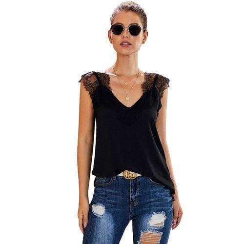 Women Summer Sexy Basic Lace Camisole Summer Knit Tank Top V Neck - VirtuousWares:Global