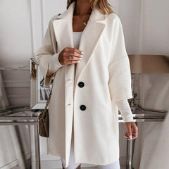 Women Turn-down Collar Button Woolen Coat - VirtuousWares:Global