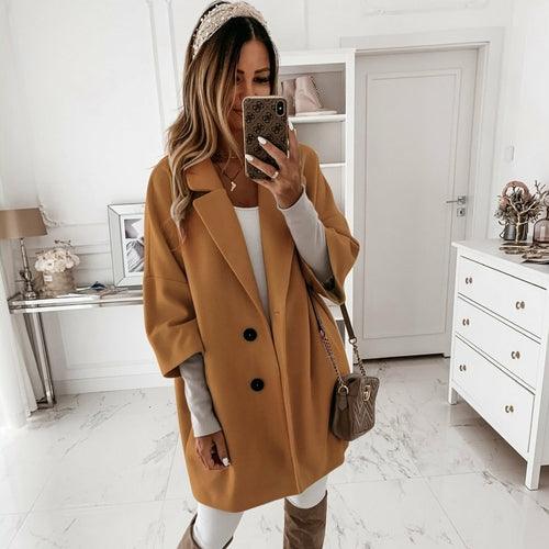 Women Turn-down Collar Button Woolen Coat - VirtuousWares:Global