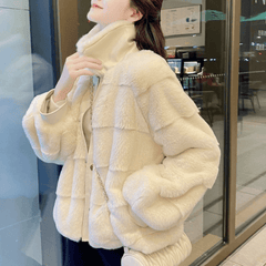 Womens Faux Fur Jacket With Vegan Leather Trimmed Cuffs - VirtuousWares:Global