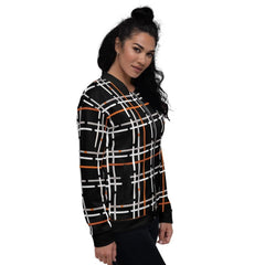 Womens Jacket - Black And Orange Tartan Style Bomber Jacket - VirtuousWares:Global