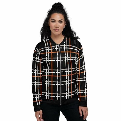 Womens Jacket - Black And Orange Tartan Style Bomber Jacket - VirtuousWares:Global