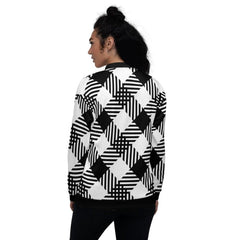 Womens Jacket - Black And White Grid Style Bomber Jacket - VirtuousWares:Global