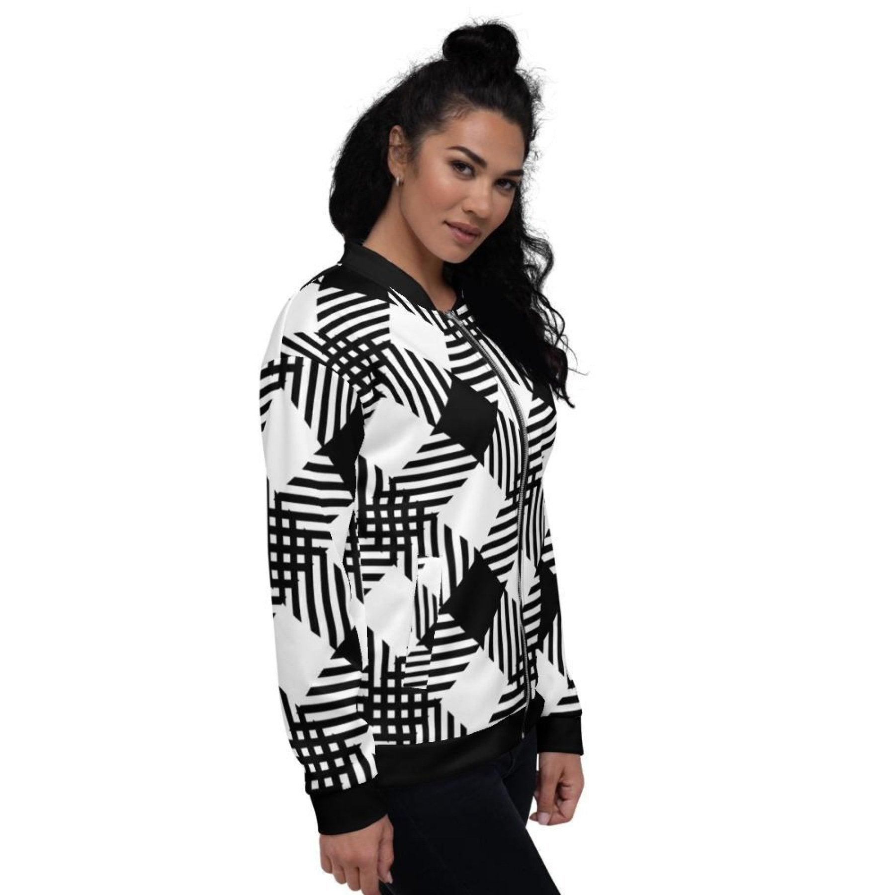 Womens Jacket - Black And White Grid Style Bomber Jacket - VirtuousWares:Global