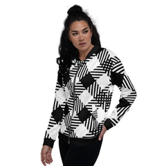 Womens Jacket - Black And White Grid Style Bomber Jacket - VirtuousWares:Global