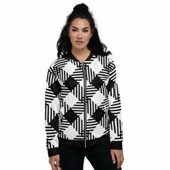 Womens Jacket - Black And White Grid Style Bomber Jacket - VirtuousWares:Global