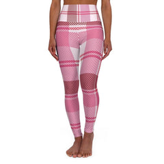 Womens Leggings, Pink And White Plaid Style High Waisted Fitness Pants - VirtuousWares:Global