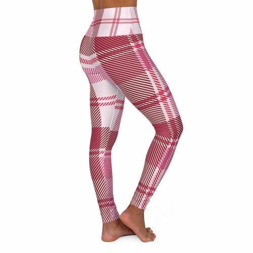 Womens Leggings, Pink And White Plaid Style High Waisted Fitness Pants - VirtuousWares:Global