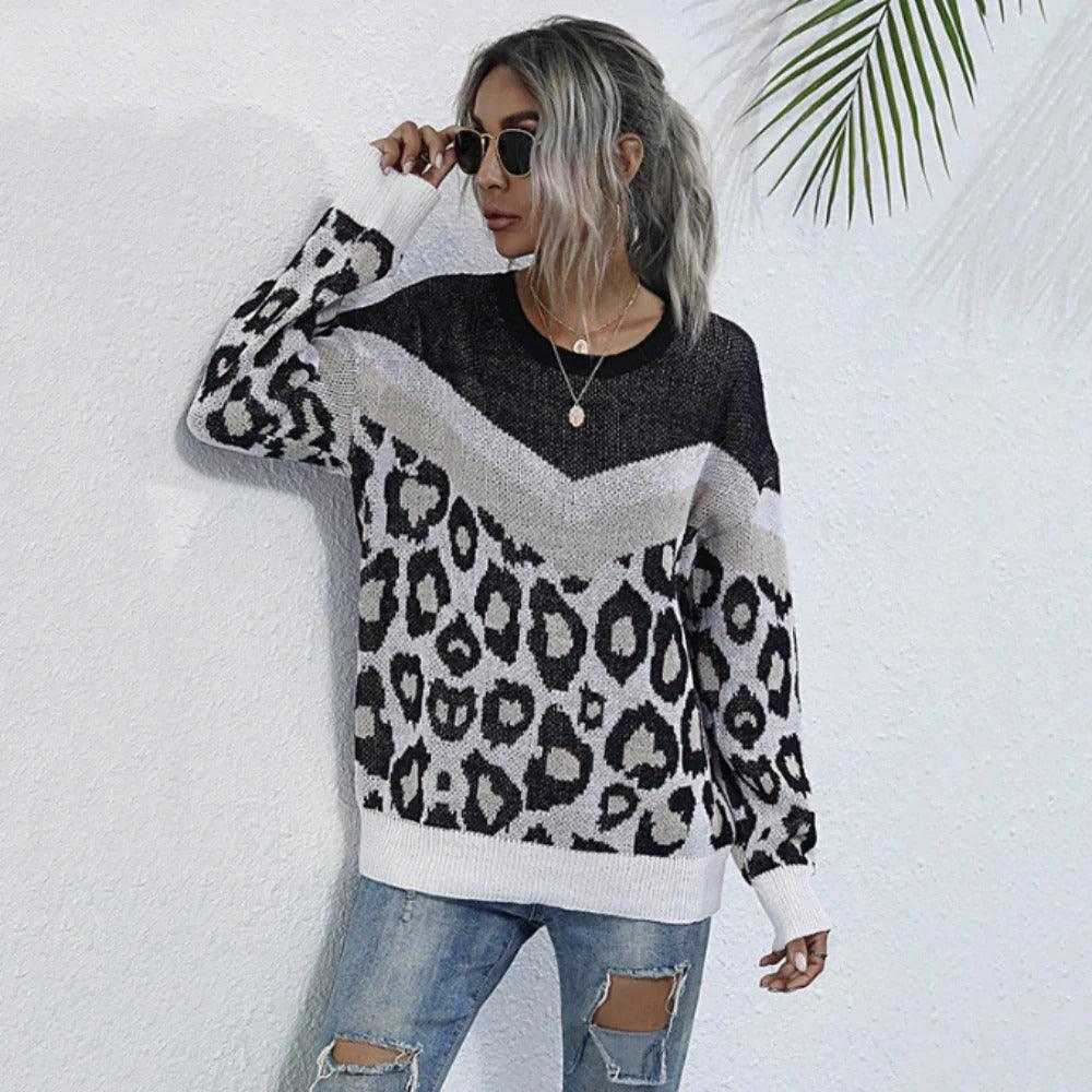 Womens Leopard Print Round Neck Sweater - VirtuousWares:Global