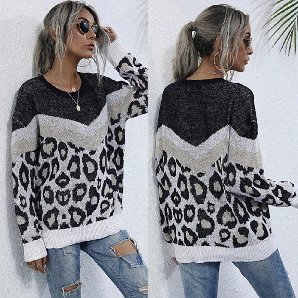Womens Leopard Print Round Neck Sweater - VirtuousWares:Global
