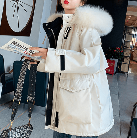 Womens Mid Length Zipper Coat with Furry Hood - VirtuousWares:Global