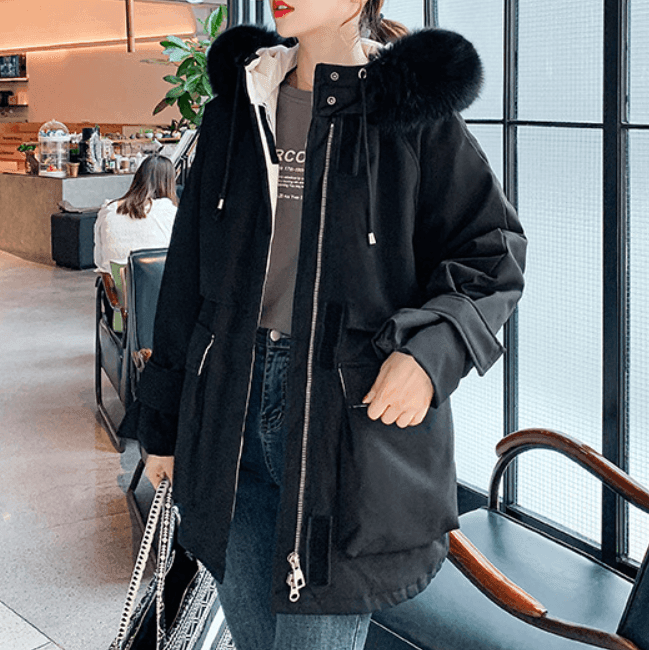 Womens Mid Length Zipper Coat with Furry Hood - VirtuousWares:Global