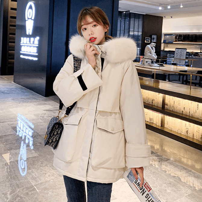 Womens Mid Length Zipper Coat with Furry Hood - VirtuousWares:Global