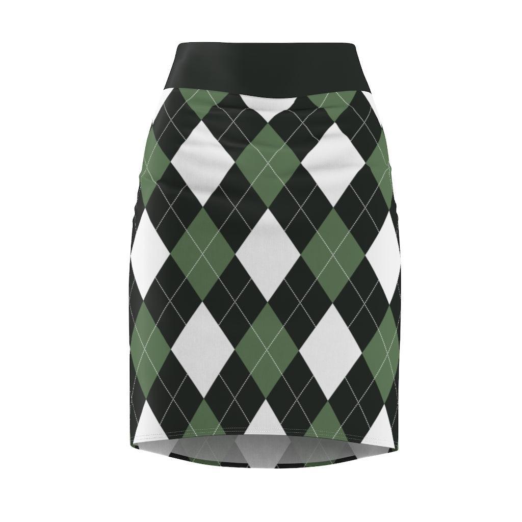 Womens Pencil Skirt, Green And White Argyle Stretch Mini, S510537 - VirtuousWares:Global