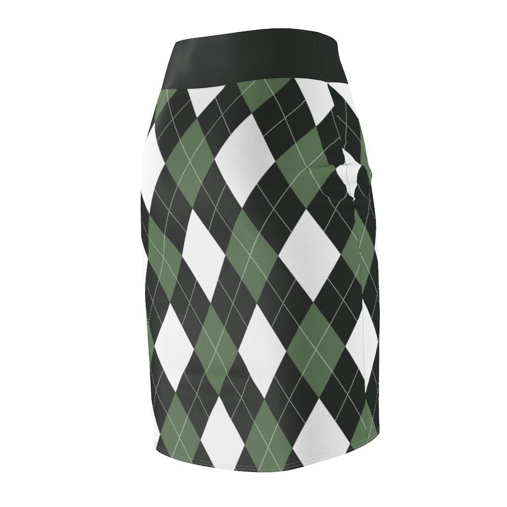 Womens Pencil Skirt, Green And White Argyle Stretch Mini, S510537 - VirtuousWares:Global