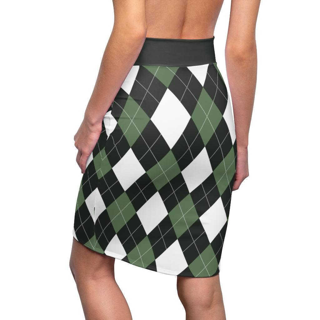 Womens Pencil Skirt, Green And White Argyle Stretch Mini, S510537 - VirtuousWares:Global