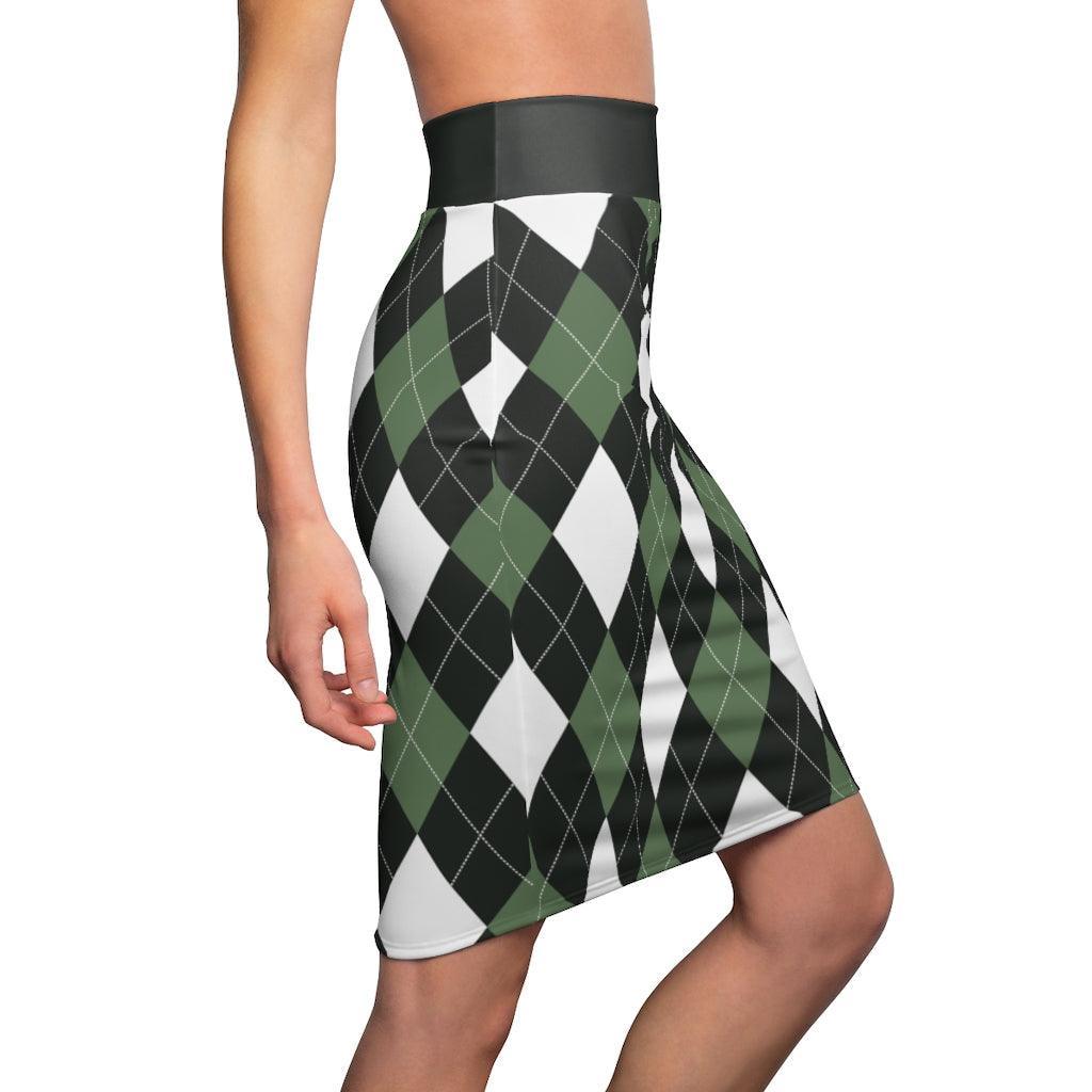 Womens Pencil Skirt, Green And White Argyle Stretch Mini, S510537 - VirtuousWares:Global