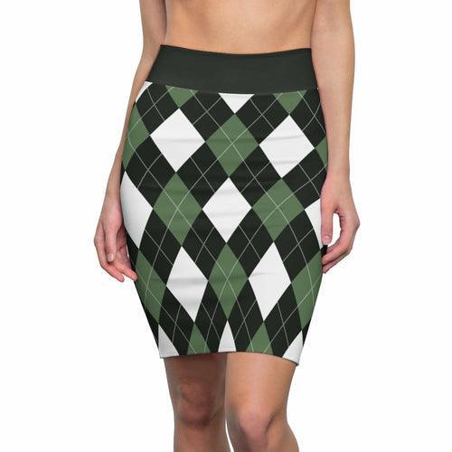 Womens Pencil Skirt, Green And White Argyle Stretch Mini, S510537 - VirtuousWares:Global