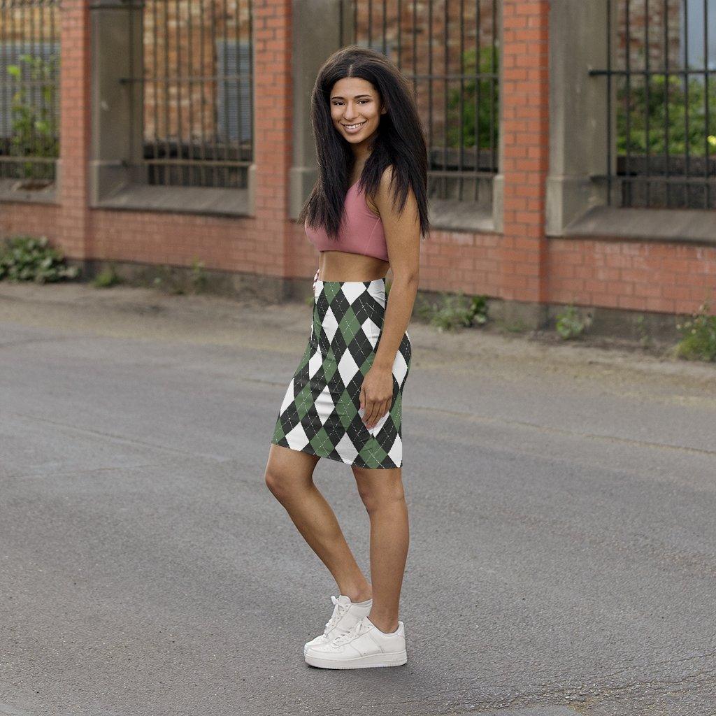 Womens Pencil Skirt, Green And White Argyle Stretch Mini2 - VirtuousWares:Global