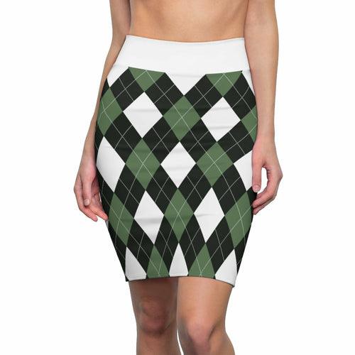 Womens Pencil Skirt, Green And White Argyle Stretch Mini2 - VirtuousWares:Global