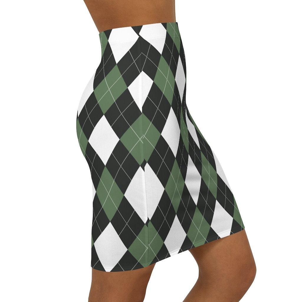 Womens Pencil Skirt, Green And White Argyle Stretch Mini2 - VirtuousWares:Global