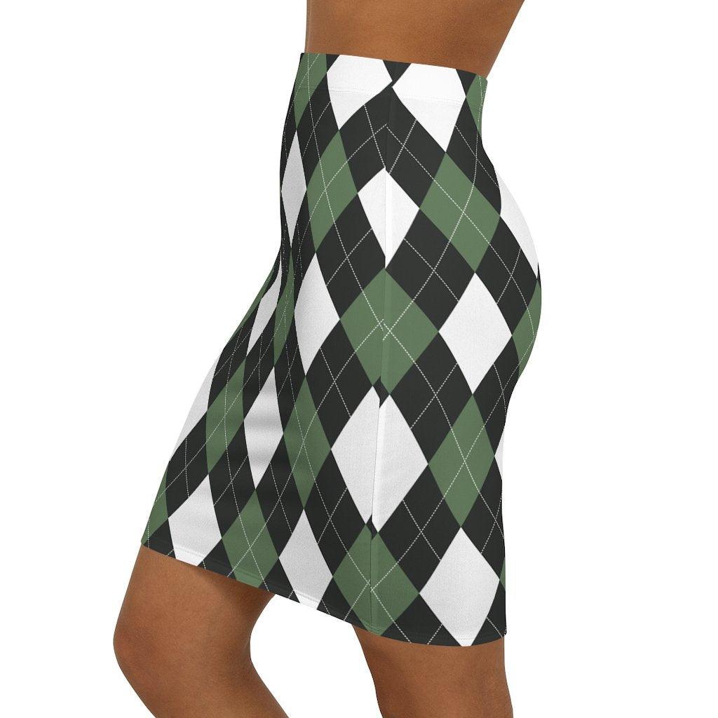 Womens Pencil Skirt, Green And White Argyle Stretch Mini2 - VirtuousWares:Global