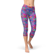 Womens Purple Pink Mermaid Capri Leggings - VirtuousWares:Global