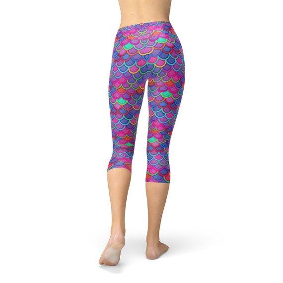 Womens Purple Pink Mermaid Capri Leggings - VirtuousWares:Global