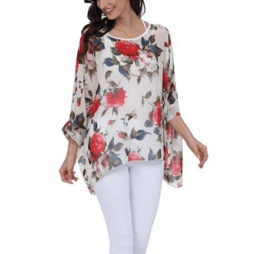 Womens Rose Floral Print Chiffon Top - VirtuousWares:Global
