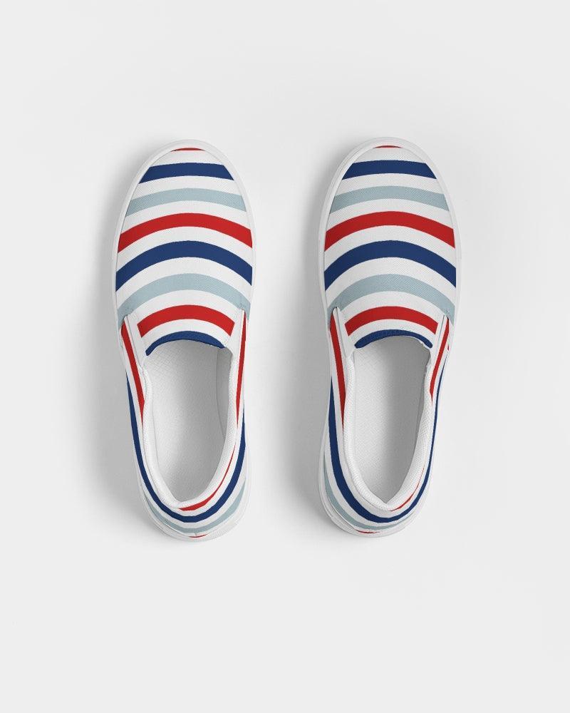 Womens Sneakers - Canvas Slip On Shoes, Red White Blue Striped Print - VirtuousWares:Global