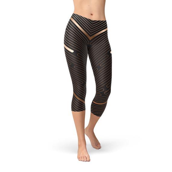 Womens Striped Lines Sports Brown Capri Leggings - VirtuousWares:Global