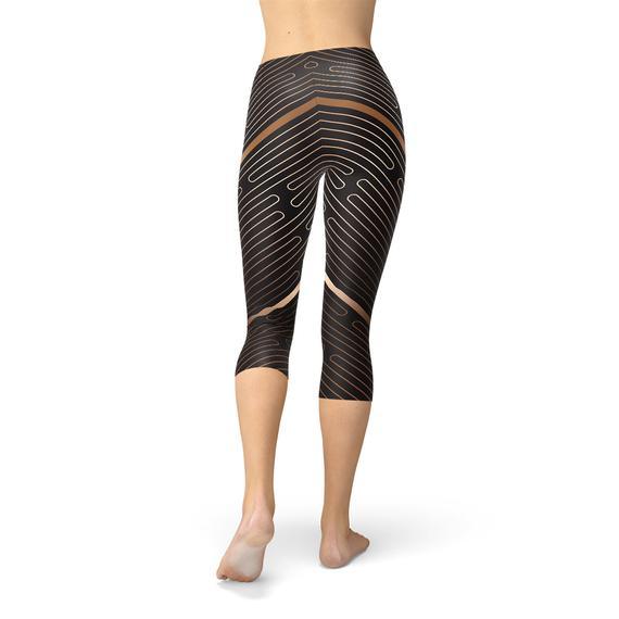 Womens Striped Lines Sports Brown Capri Leggings - VirtuousWares:Global