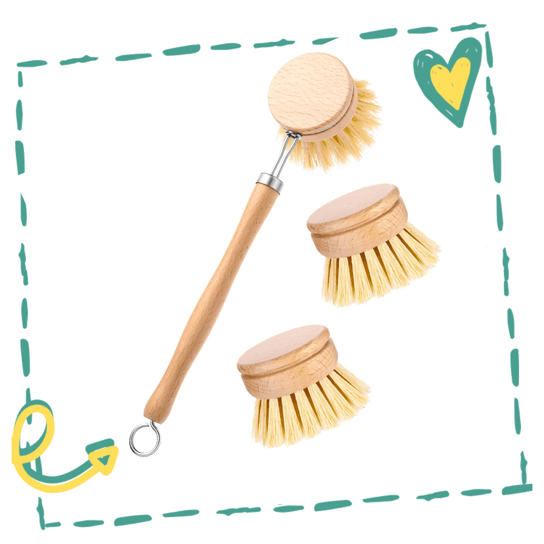 Wooden and Sisal Dish Brush with 2 Pieces Replacement Brush Heads - VirtuousWares:Global