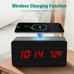 Wooden Digital Alarm Clock with Wireless Phone Charging Pad - VirtuousWares:Global