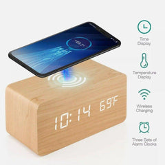 Wooden Digital Alarm Clock with Wireless Phone Charging Pad - VirtuousWares:Global