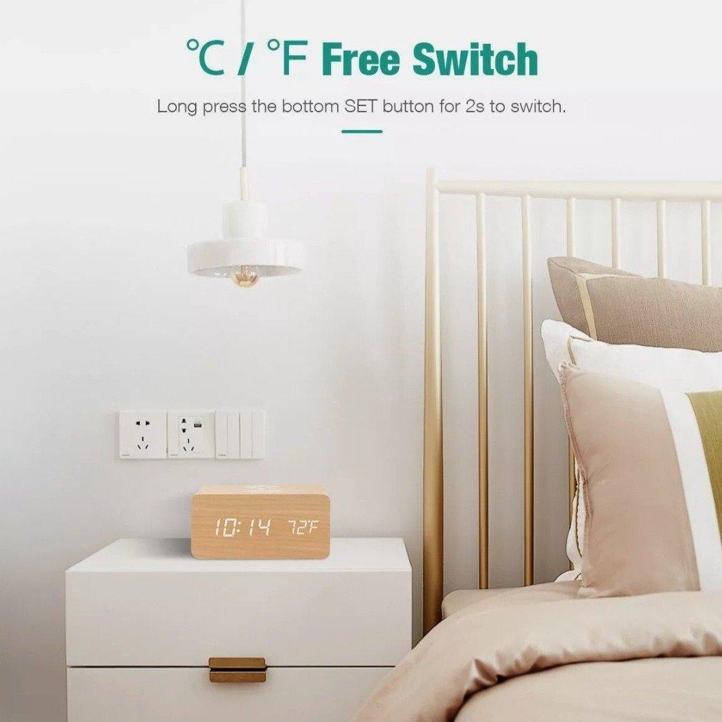 Wooden Digital Alarm Clock with Wireless Phone Charging Pad - VirtuousWares:Global