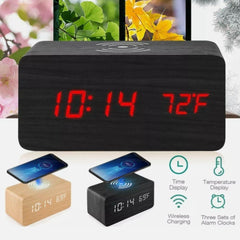 Wooden Digital Alarm Clock with Wireless Phone Charging Pad - VirtuousWares:Global