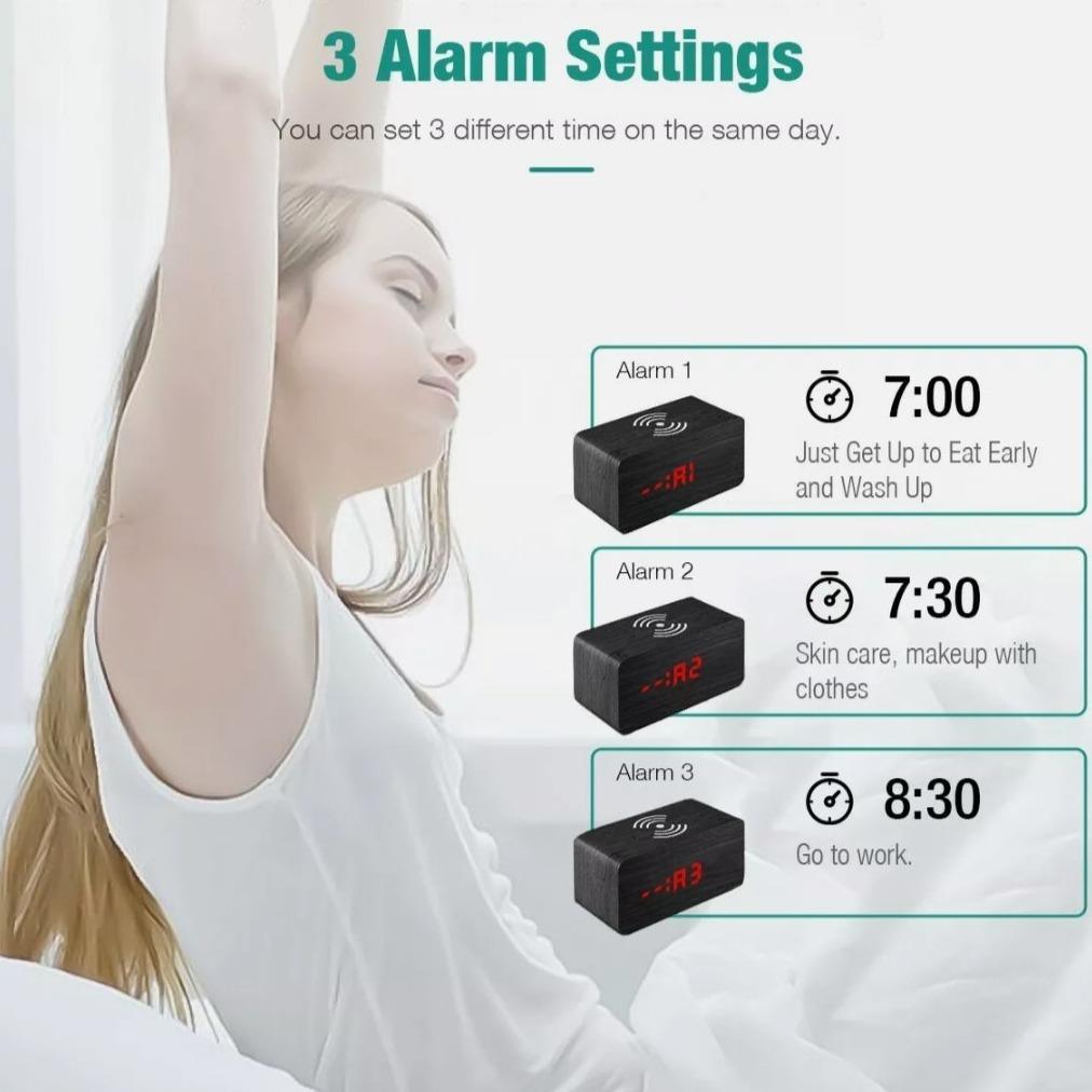 Wooden Digital Alarm Clock with Wireless Phone Charging Pad - VirtuousWares:Global