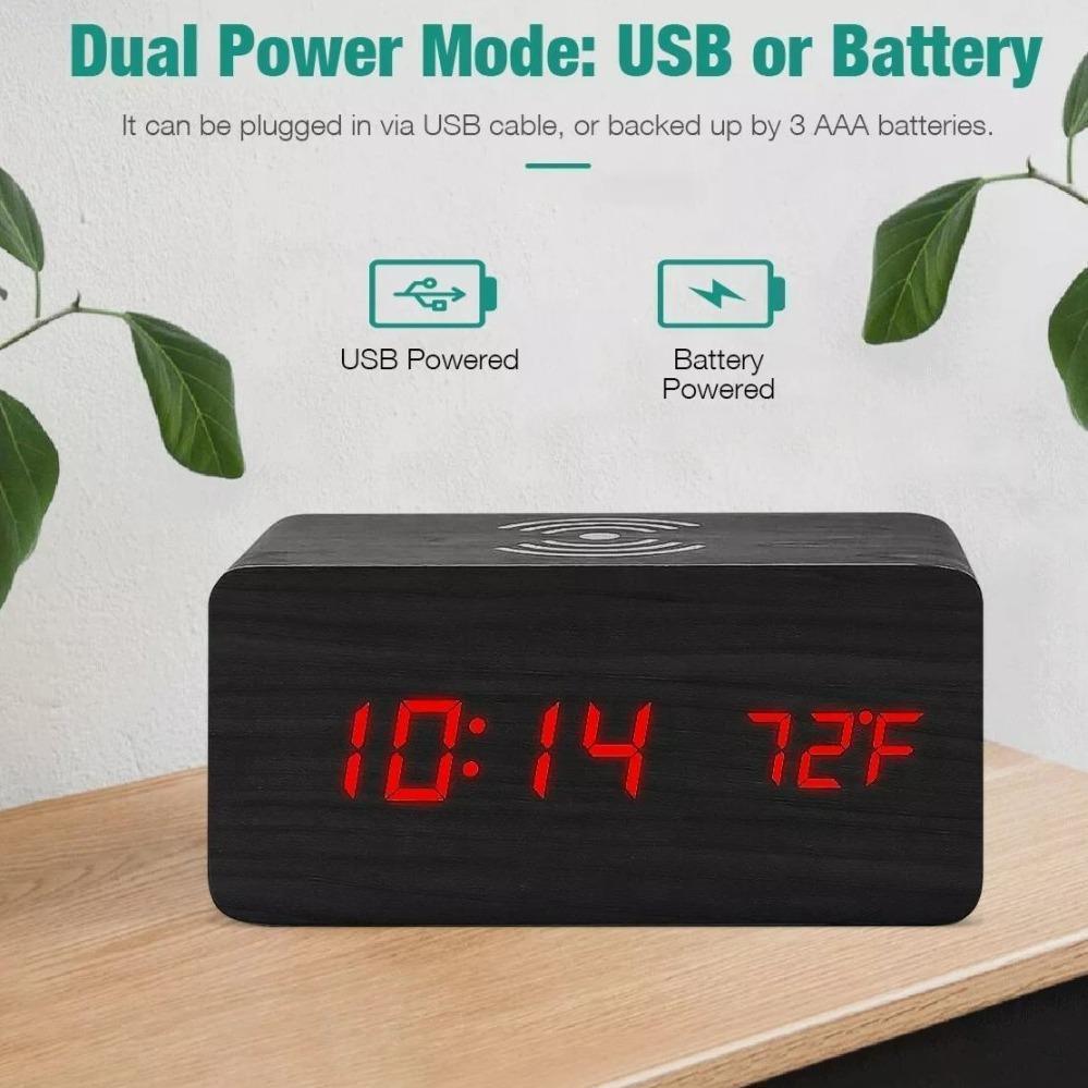 Wooden Digital Alarm Clock with Wireless Phone Charging Pad - VirtuousWares:Global