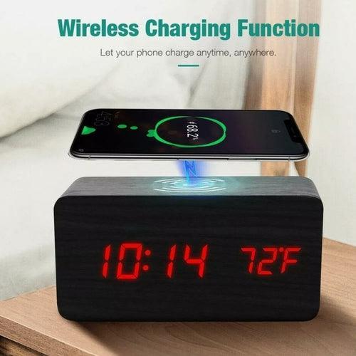 Wooden Digital Alarm Clock with Wireless Phone Charging Pad - VirtuousWares:Global