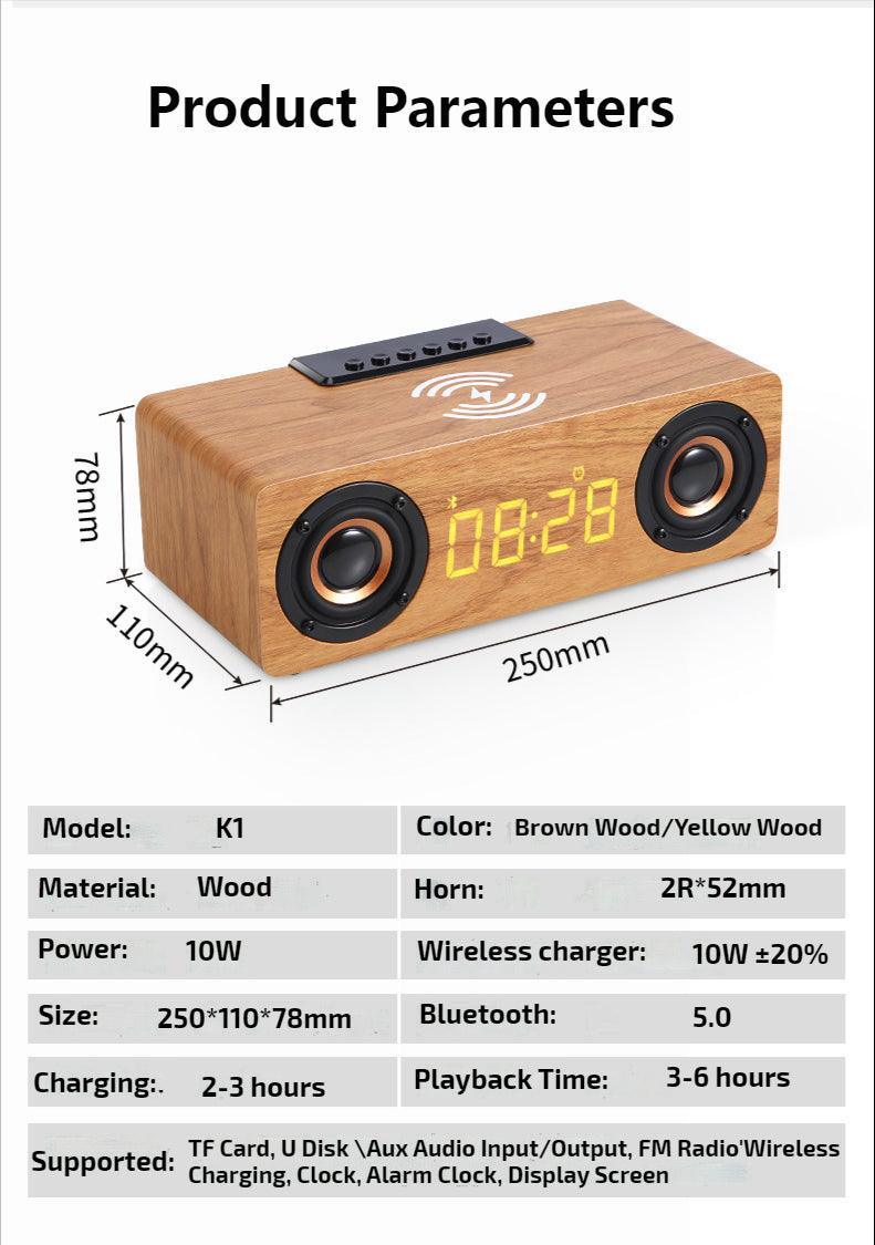 Wooden Retro Theme Wireless Charger Bluetooth Speaker Alarm Clock - VirtuousWares:Global