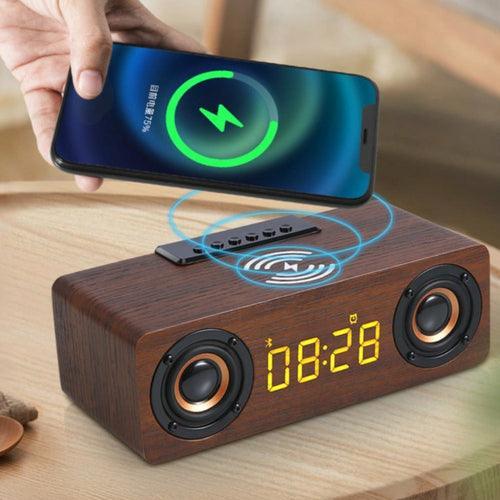 Wooden Retro Theme Wireless Charger Bluetooth Speaker Alarm Clock - VirtuousWares:Global