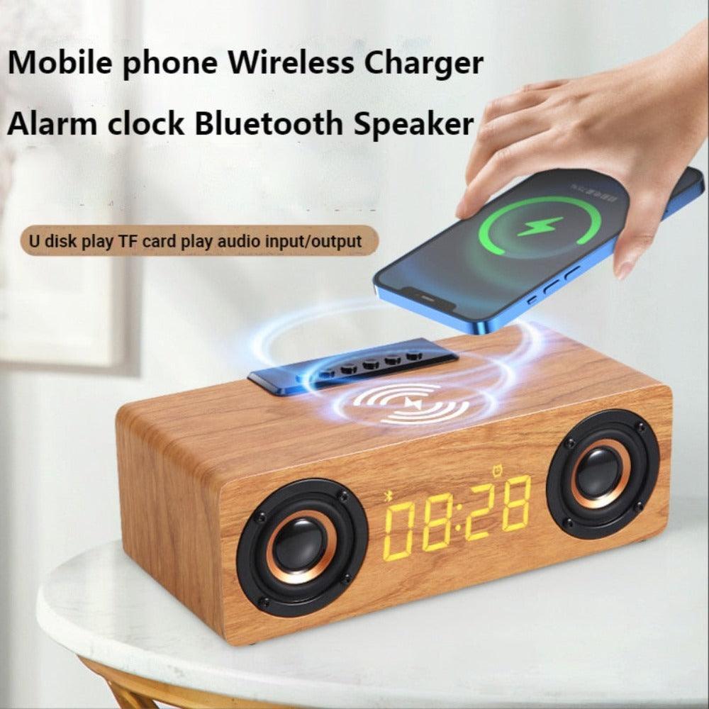 Wooden Retro Theme Wireless Charger Bluetooth Speaker Alarm Clock - VirtuousWares:Global